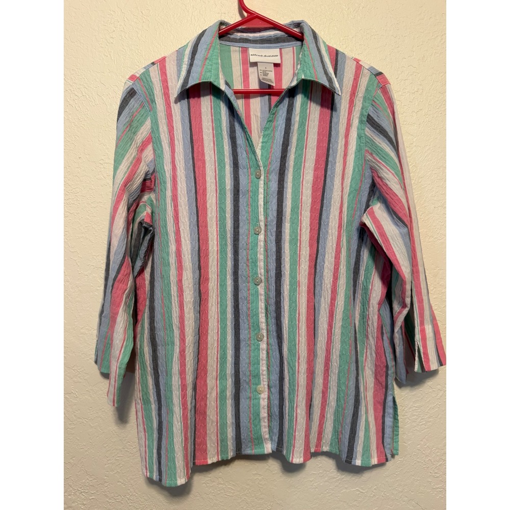 Alfred Dunner Womens Small Seersucker Stripe Button Up Shirt 3/4 Sleeve Multi